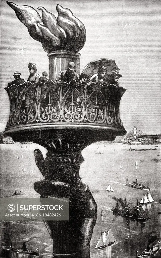 1880s 1890s TOURISTS VIEWING NEW YORK HARBOR FROM THE TORCH OF THE STATUE OF LIBERTY