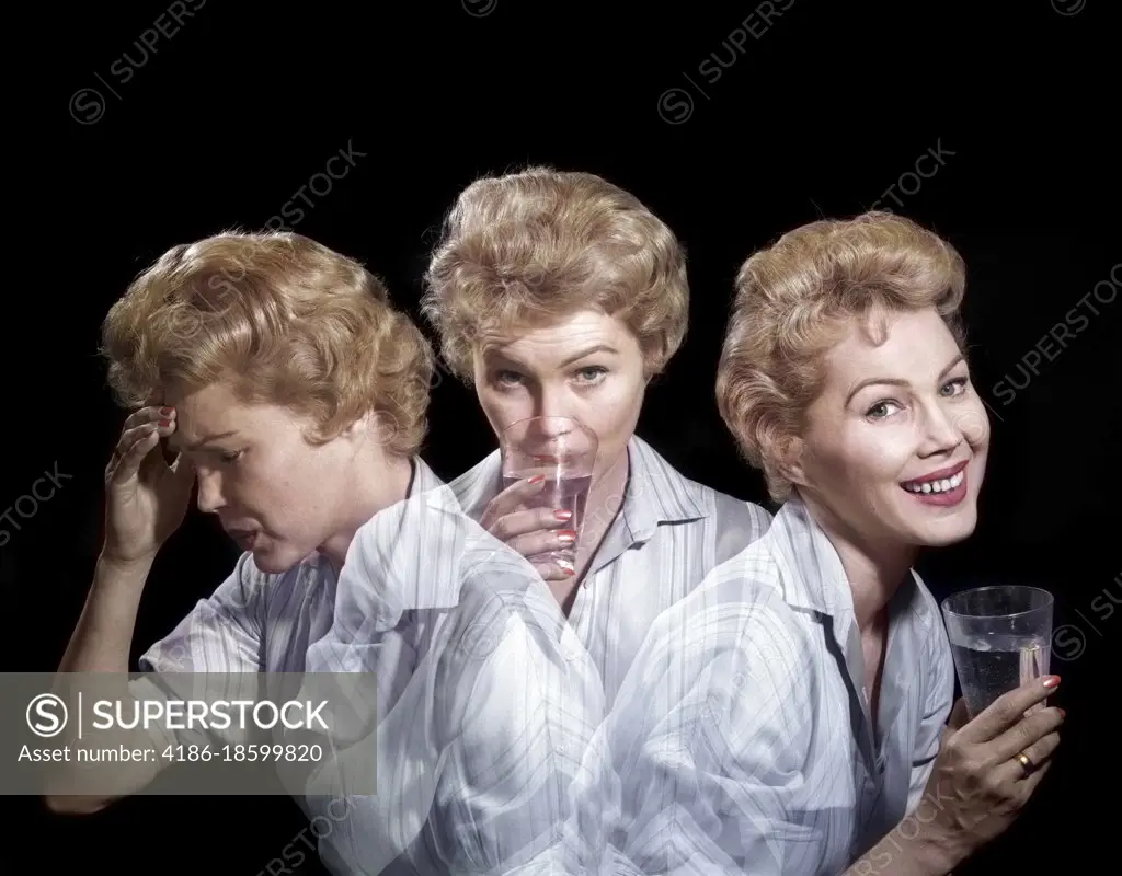 1950s 1960s TRIPTYCH MULTIPLE EXPOSURE WOMAN WITH A HEADACHE TAKING MEDICINE AND SMILING WITH EXPRESSION OF RELIEF FROM PAIN