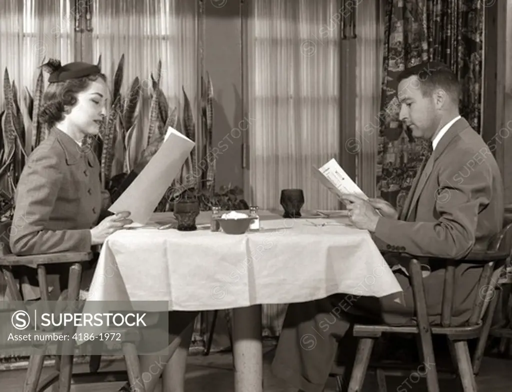 1950S Couple Man Woman Reading Restaurant Menus