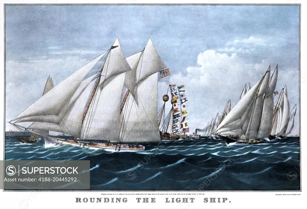 1870s ROUNDING THE LIGHT SHIP - SAILBOAT RACE - CURRIER AND IVES LITHOGRAPH - 1876