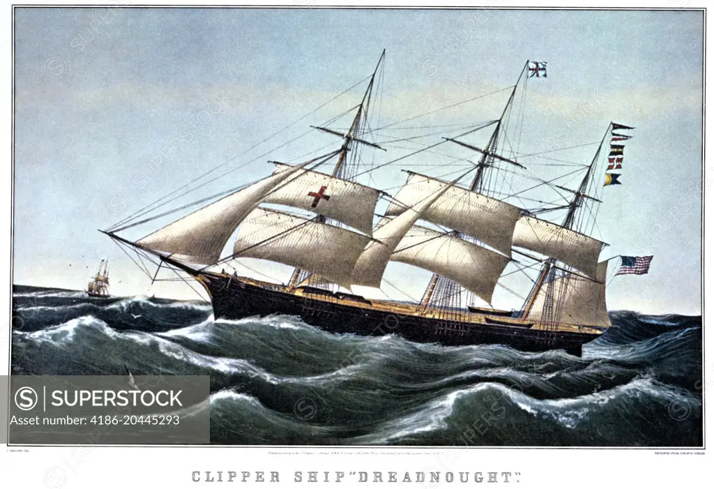1850s CLIPPER SHIP DREADNOUGHT OFF SANDY HOOK -  SQUARE RIGGED SAILING SHIP - CURRIER AND IVES LITHOGRAPH - 1854