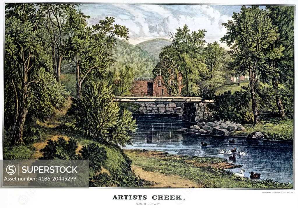 1860s ARTISTS CREEK - NORTH CONWAY NH RUSTIC WOODLAND SCENE - CURRIER AND IVES LITHOGRAPH - 1860
