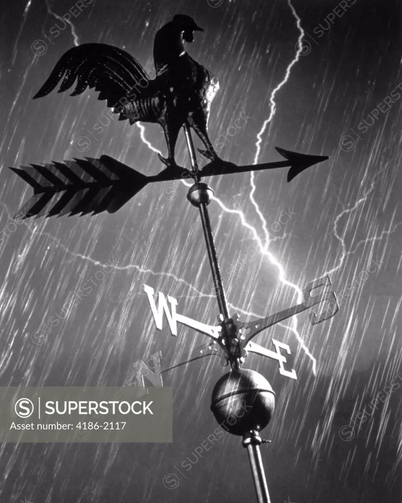 Rooster Weathervane In Rain And Lightning Storm
