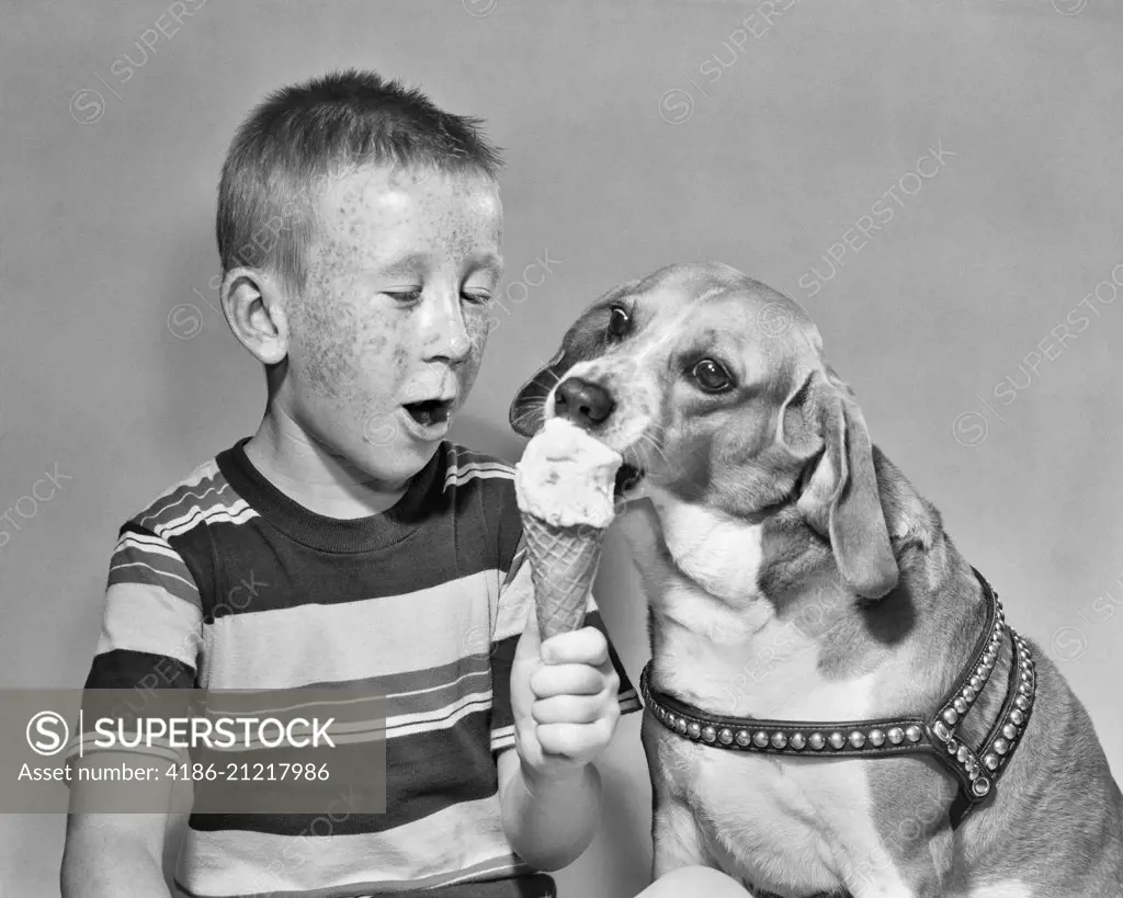 1950s FRECKLE FACE BOY SHARING ICE CREAM CONE WITH PET DOG