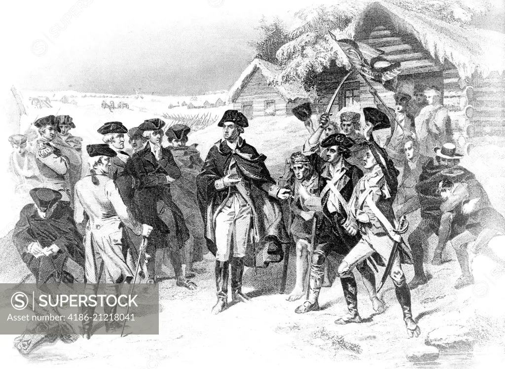 1770s ENGRAVING OF GEORGE WASHINGTON SPEAKING IN FRONT OF TROOPS AT VALLEY FORGE  WINTER OF 1777 TO 1778