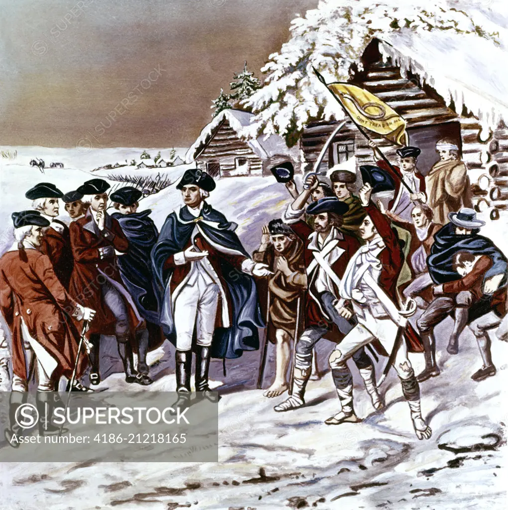 AMERICAN REVOLUTION 1777 CONGRESS AND GENERAL GEORGE WASHINGTON REVIEW COLD HUNGRY SOLDIERS AT VALLEY FORGE PENNSYLVANIA