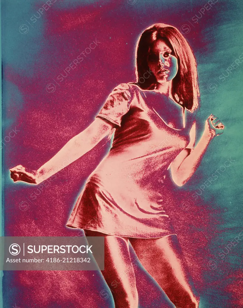 1960s GIRL WOMAN SHORT MINISKIRT DRESS DANCING POSING SPECIAL EFFECT COLORS POSTERIZED