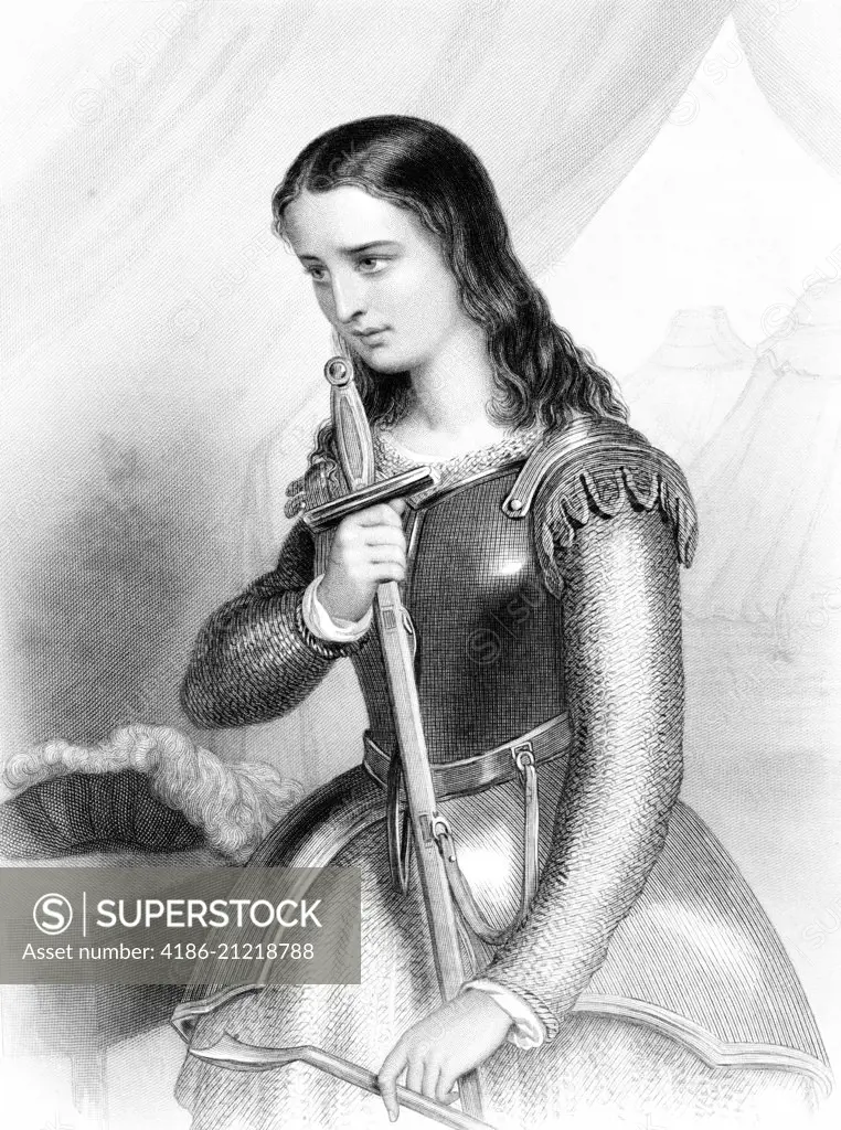 1400s JOAN OF ARC JEANNE D'ARC MAID OF ORLEANS FRENCH MILITARY LEADER HEROINE SIEGE OF ORLEANS 1429 SHOWN WITH SWORD AND ARMOR