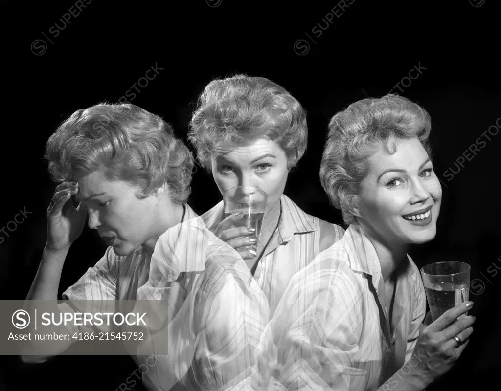 1950s 1960s MULTIPLE EXPOSURE WOMAN WITH A HEADACHE TAKING MEDICINE AND SMILING WITH EXPRESSION OF RELIEF FROM PAIN