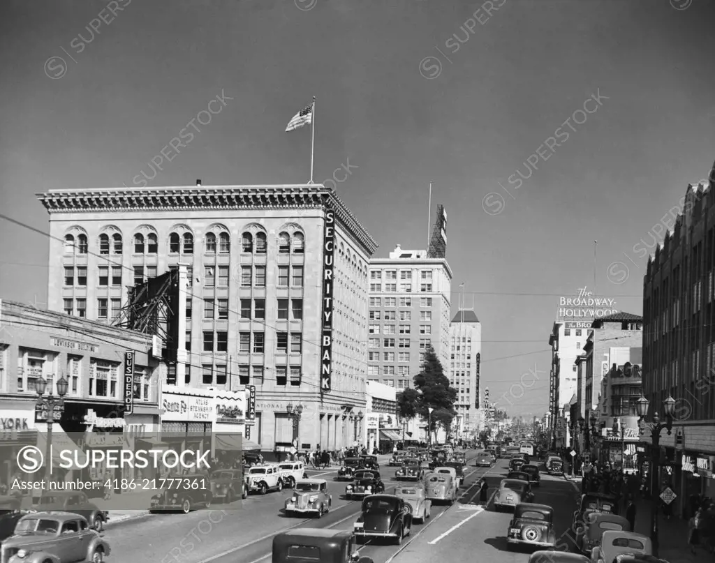 1930s 1940s STREET SCENE LOOKING EAST FROM WILCOX DOWN HOLLYWOOD BOULEVARD HOLLYWOOD LOS ANGELES CALIFORNIA USA