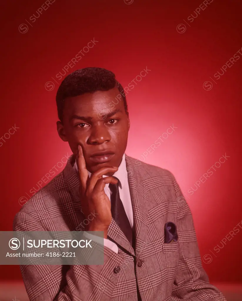 1960S Portrait Thoughtful African American Young Man Hand To Chin