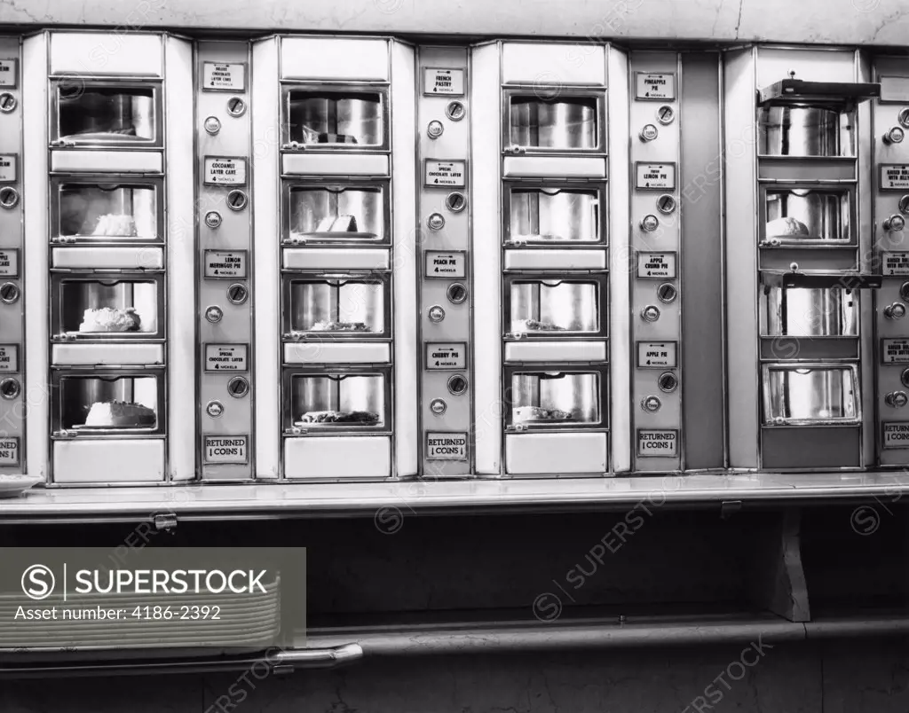 1960S Series Automat Cafeteria Vending Machine Windows Containing Cake And Pie Desserts