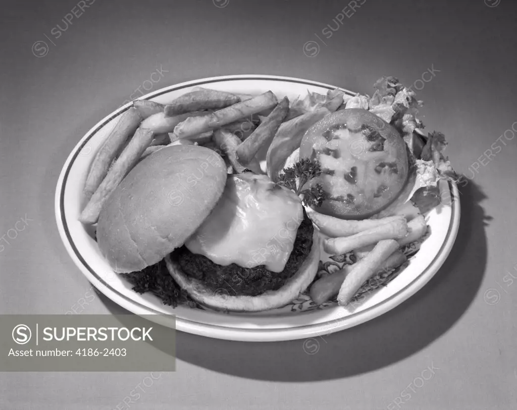 1950S 1960S Cheeseburger Deluxe Lettuce Tomato French Fries On Platter
