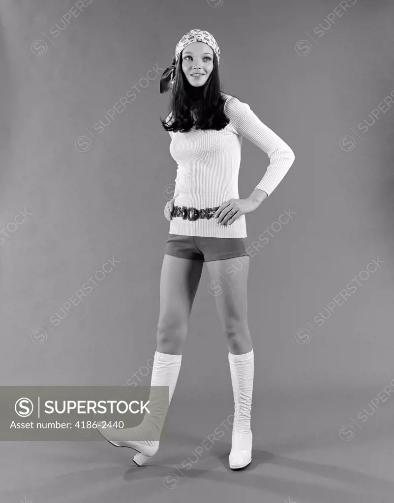 1970S Woman Wearing Hot Pants Scarf & White Go-Go Boots
