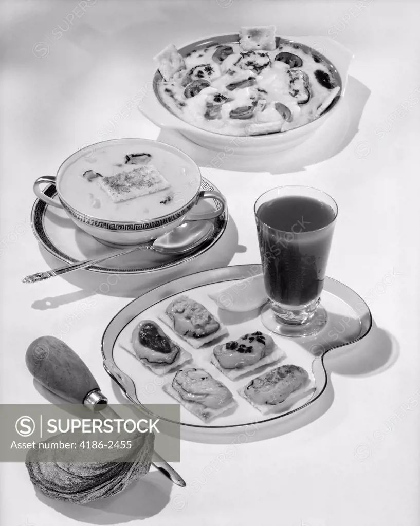 1950S Oyster Soup Chowder And Snacks With Tomato Juice