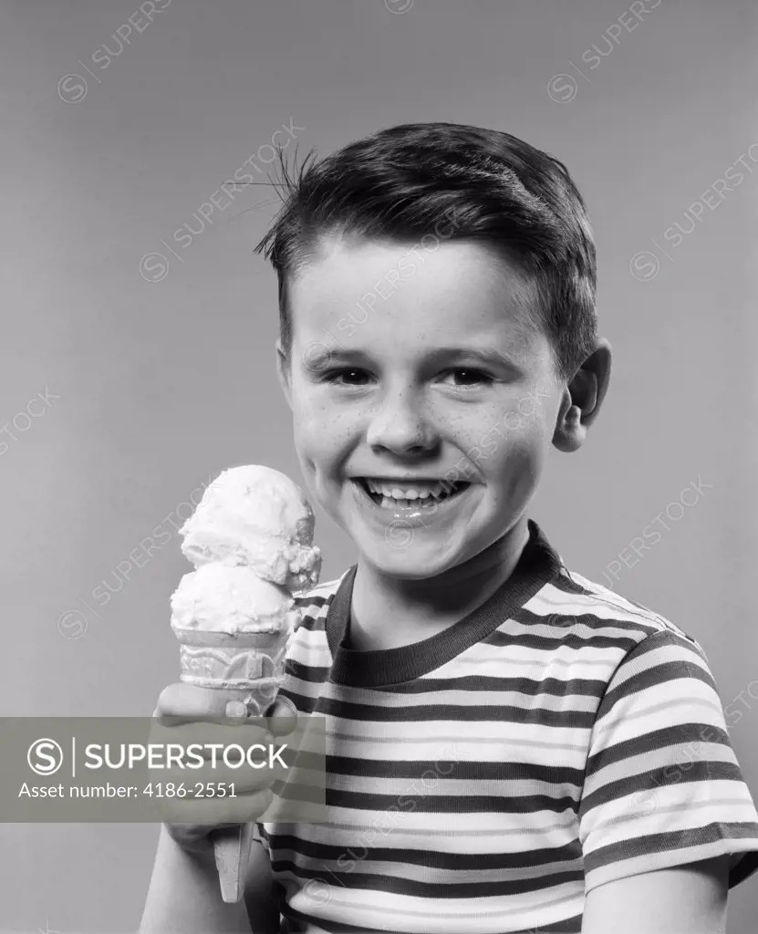 1950S Smiling Boy Eating Double Dip Ice Cream Cone