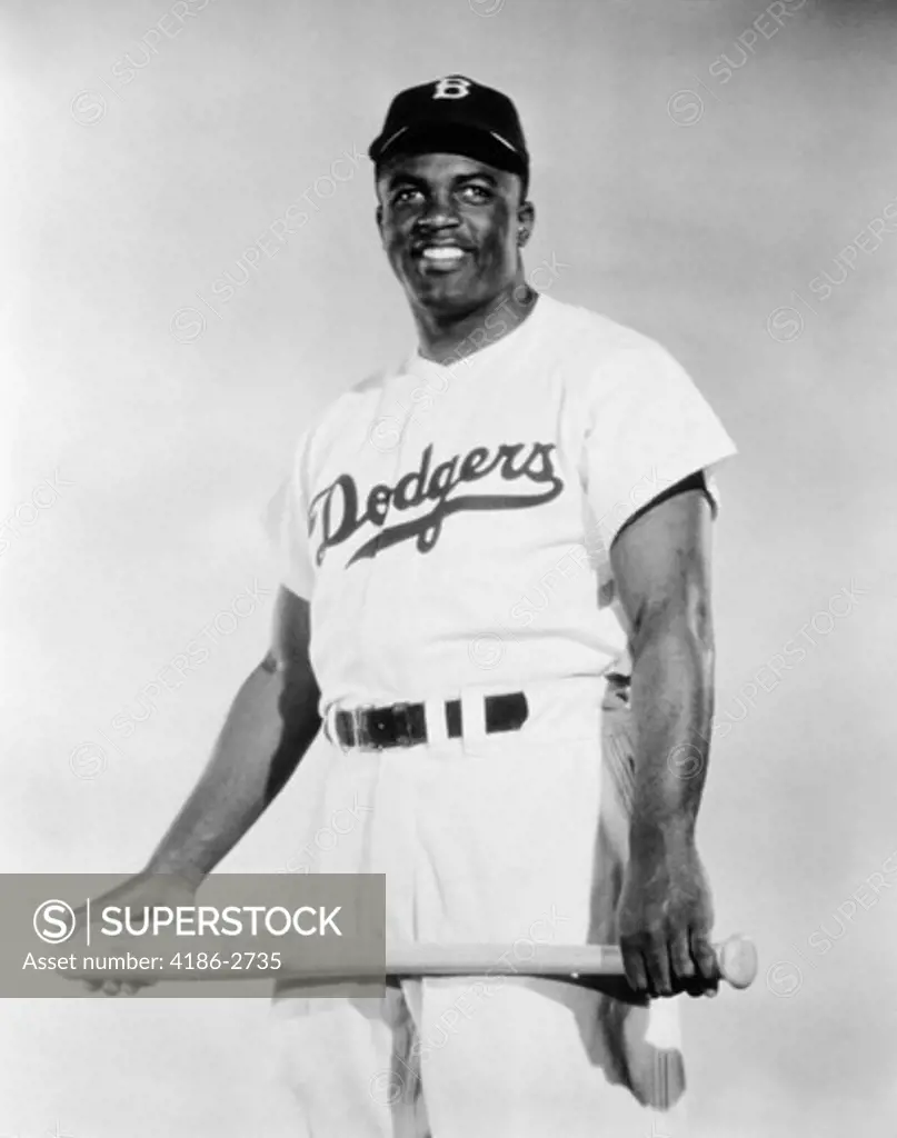 1940S Portrait Man Brooklyn Dodgers Baseball Player Jackie Robinson Holding Bat Broke The Baseball Color Barrier In 1947