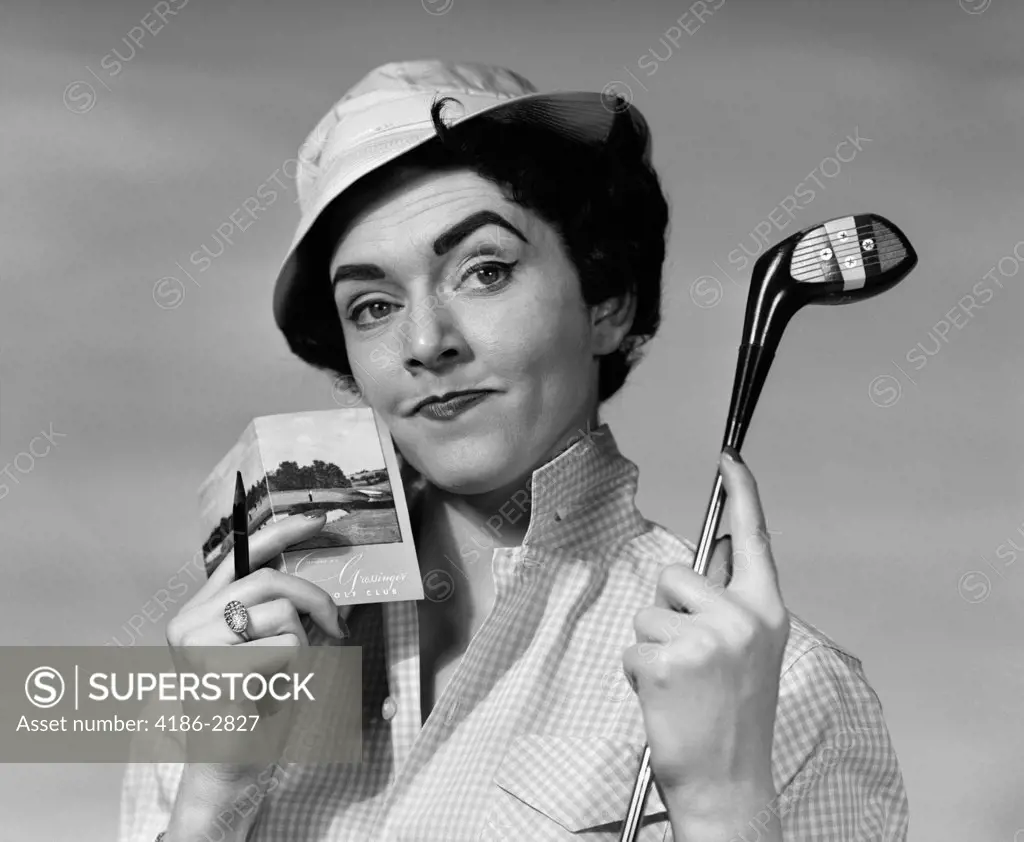 1960S Portrait Woman In Hat Holding Golf Club & Scorecard With Perturbed Look On Face 