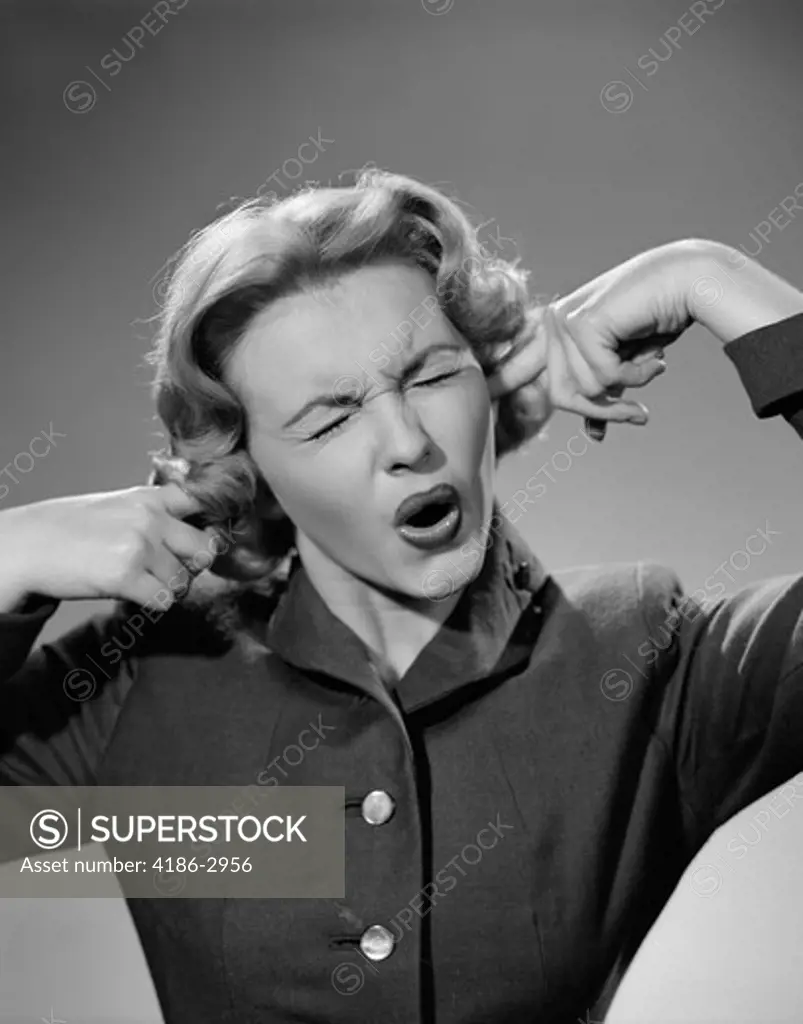 1950S Woman Portrait Fingers Plugging Ears
