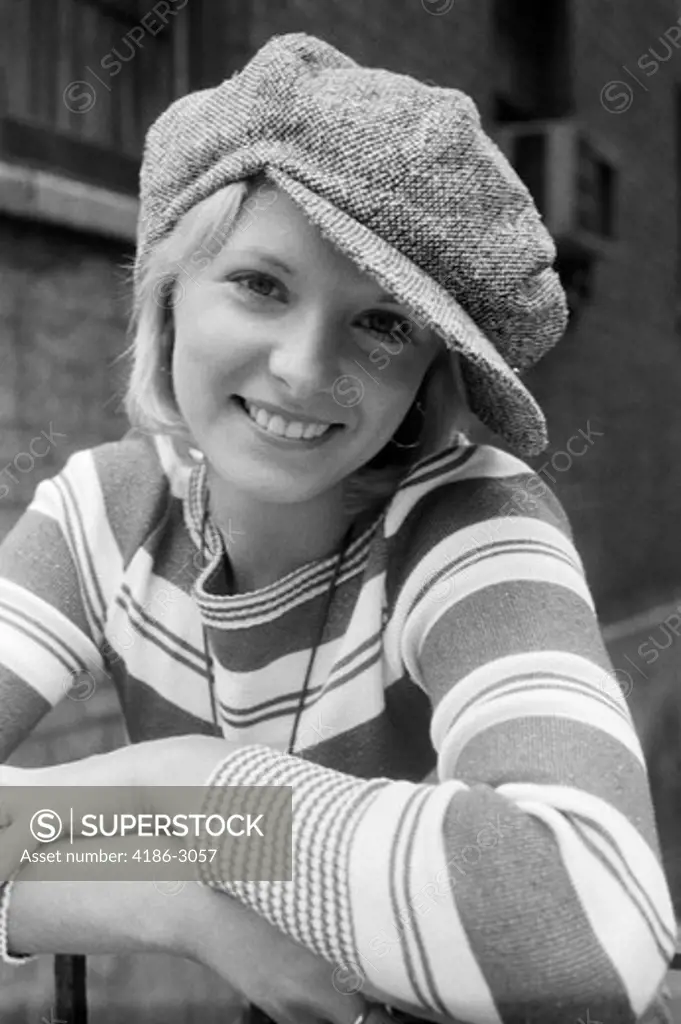 1970S Portrait Female In Floppy Wool Visor Cap And Striped Knit Top