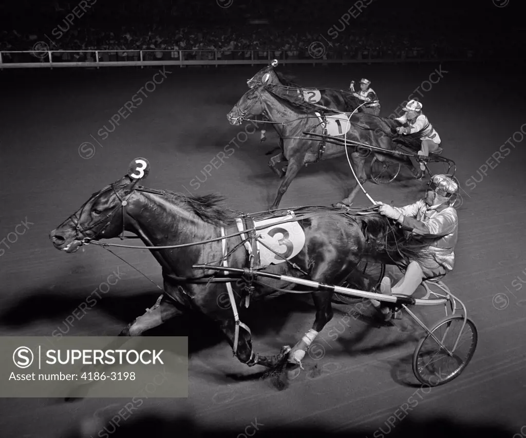 1950S Side View Of 3 Runners In Night- Time Harness Race