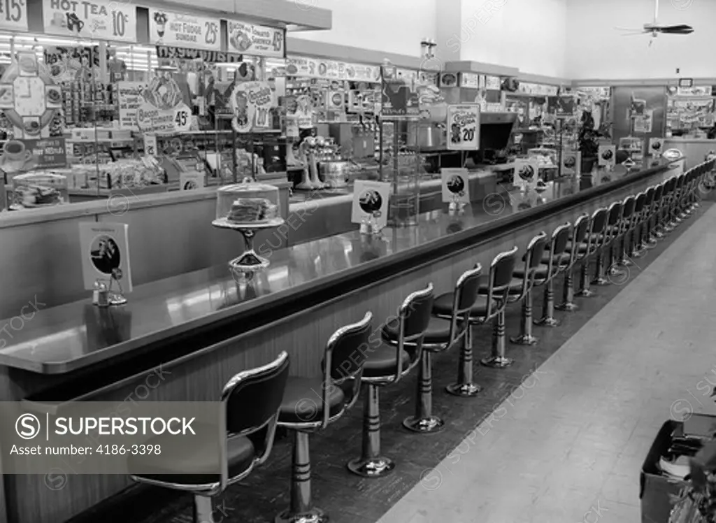 1950S-60S Interior Of Lunch Counter With Chrome Stools