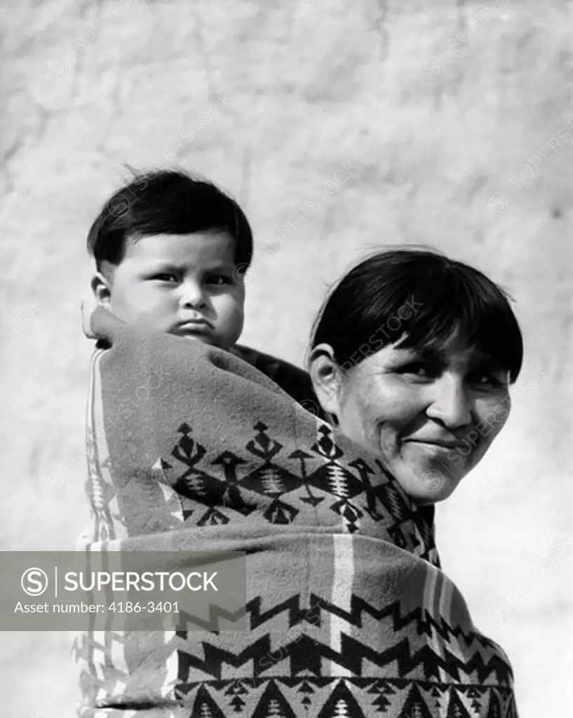1930S Smiling Pueblo Mother & Child On Back Both Wrapped In Woven Blanket Papoose