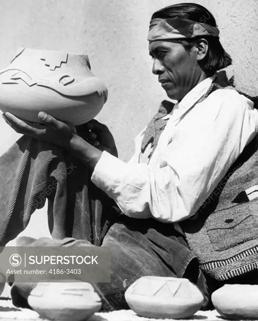 1930S Pueblo Indian Man Holding Decorated Pottery Bowl