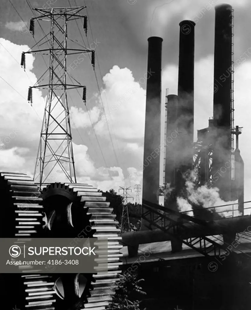 1940S Composite Of Industrial Scenes Including Gears Smoke Stacks & High Tension Wires