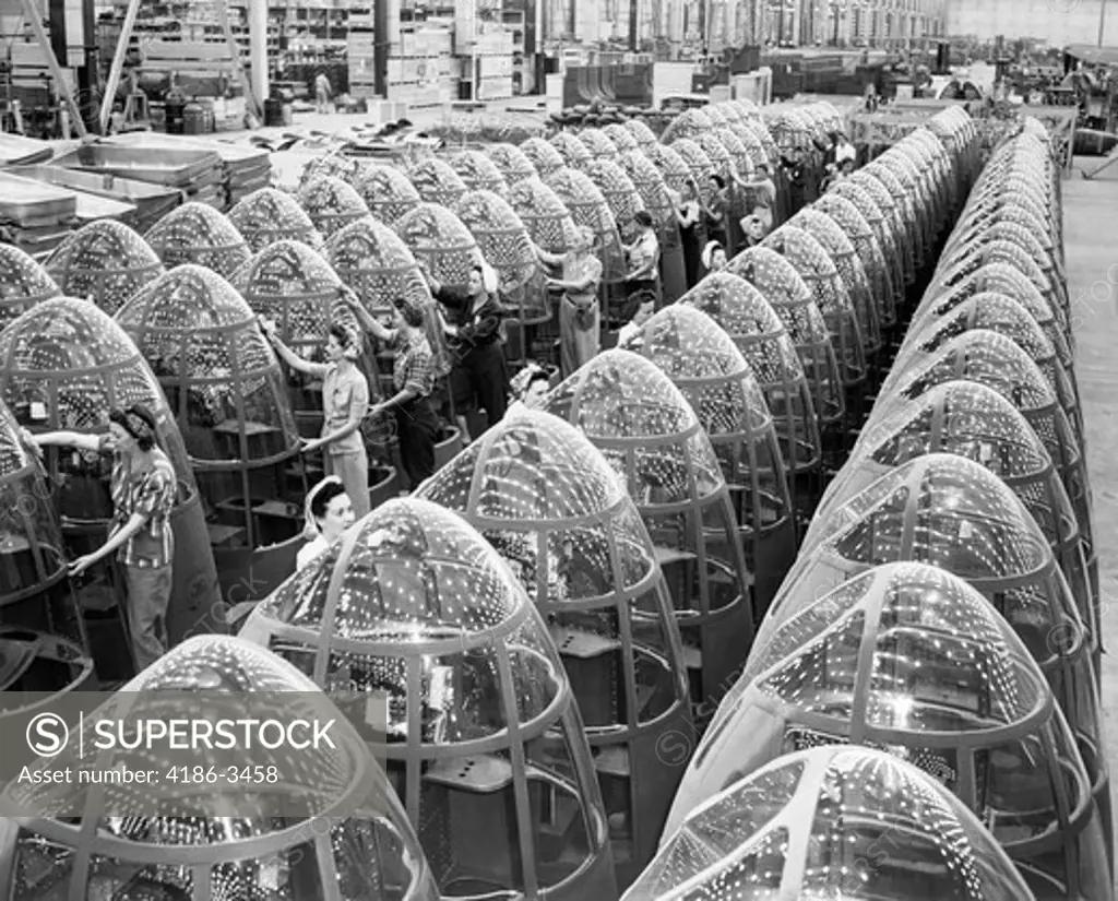 1940S Women Wartime Factory Workers Polishing Airplane Nose Cones