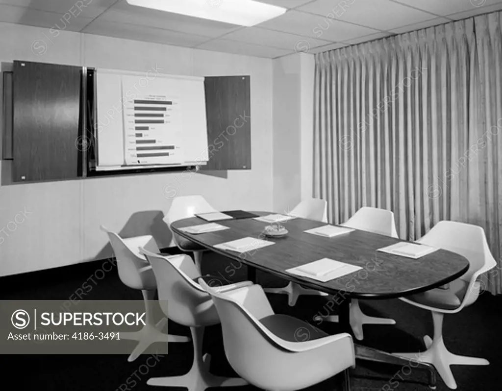 1960S Empty Conference Room Long Oval Table 7 White Chairs & Chart Posted On The Wall