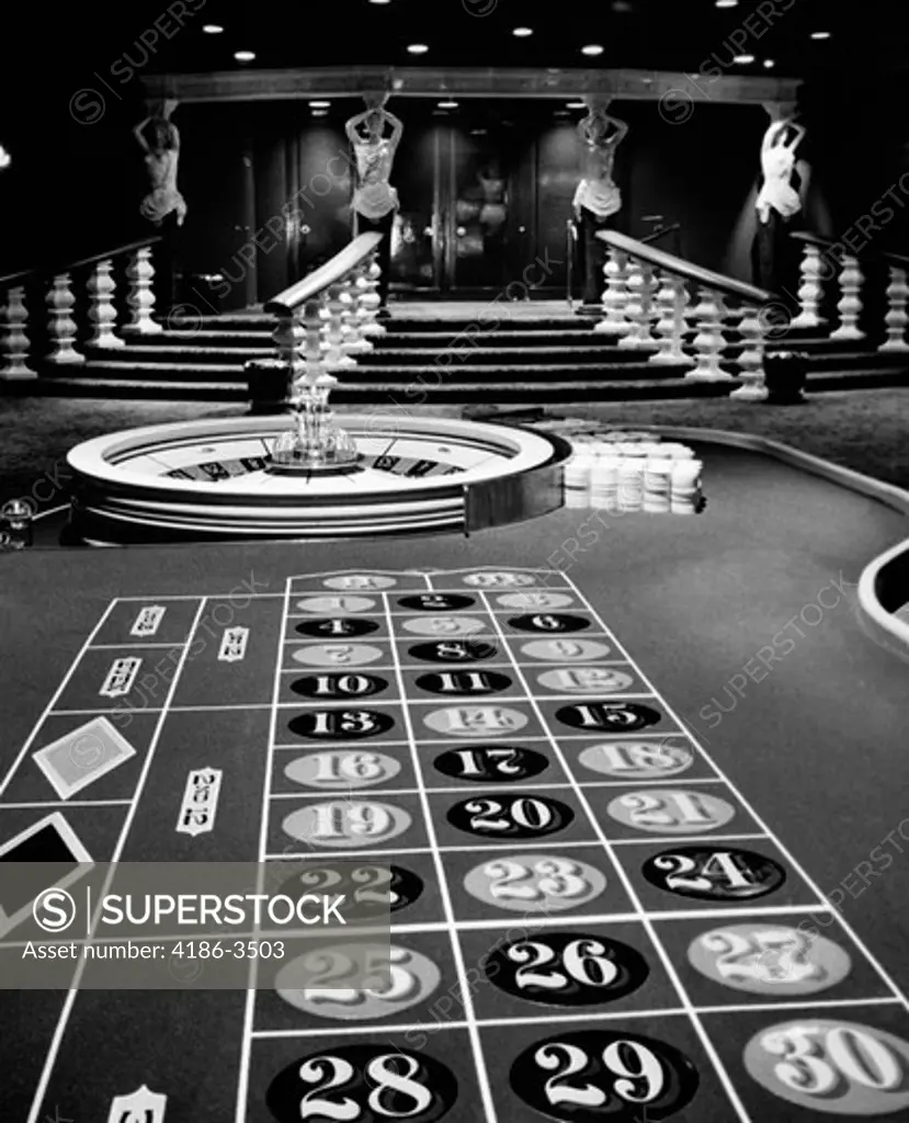 1960S Casino Viewed From End Of Roulette Table Opposite Of Wheel Looking Toward Statues