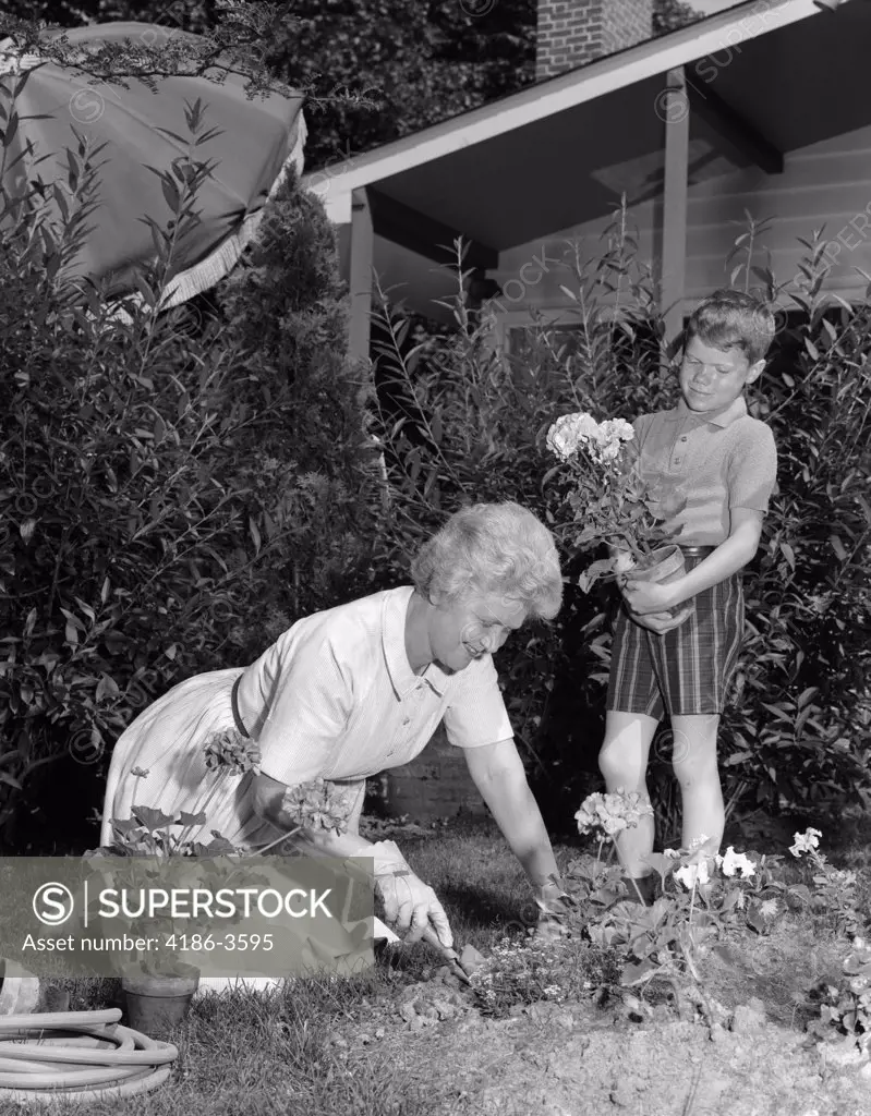 1960S Boy Helping Grandmother Plant Flowers In Garden
