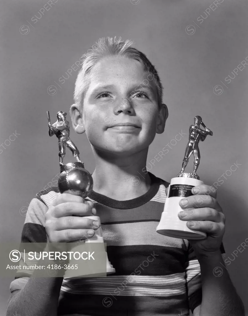 1950S 1960S Proud Boy Holding Two Awards Baseball Trophies