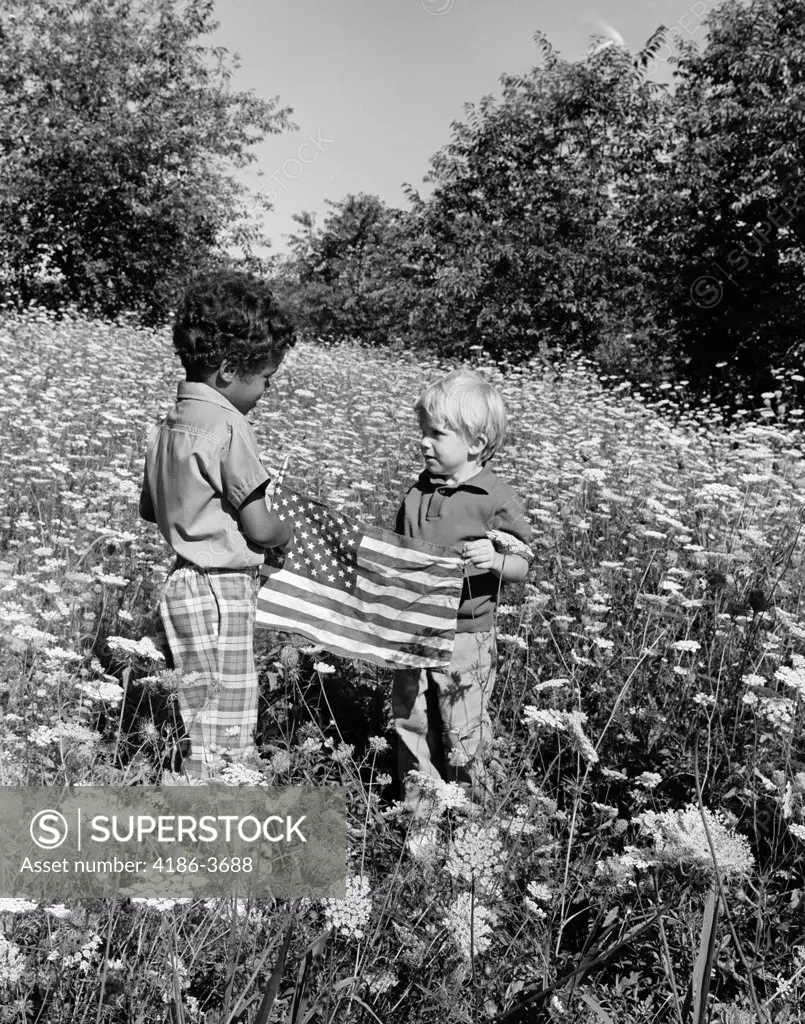 1970S Pair Of Boys One White One Black Hispanic Standing In Field Of Queen Anne'S Lace Holding Up American Flag