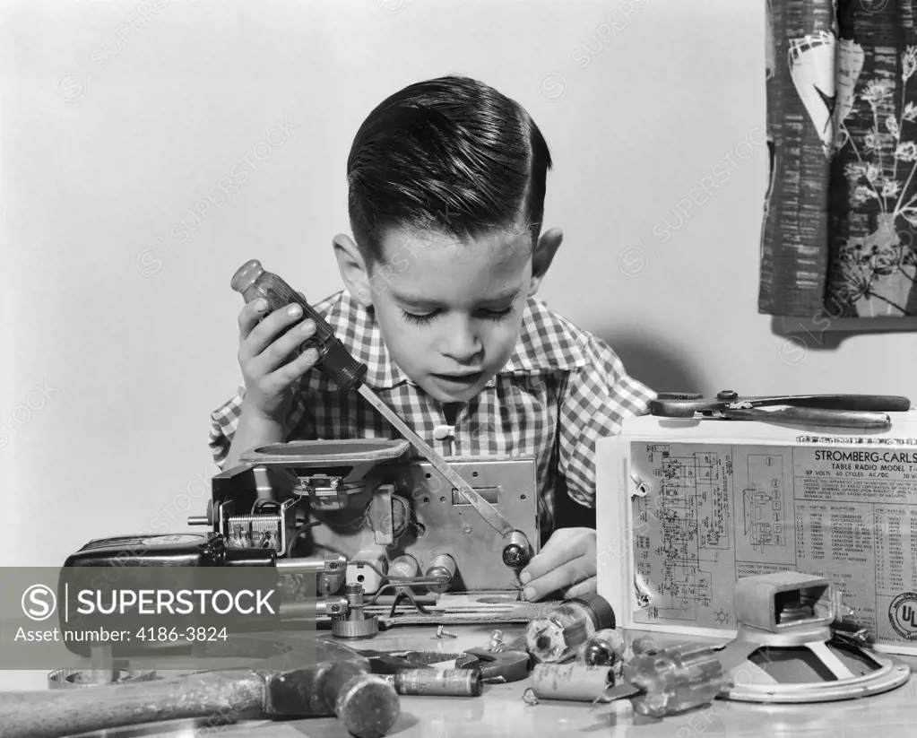 1950S Boy Screw Driver Putting Together Taking Apart Radio