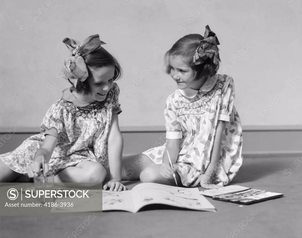 1930S Two Girls Painting In Book With Watercolors
