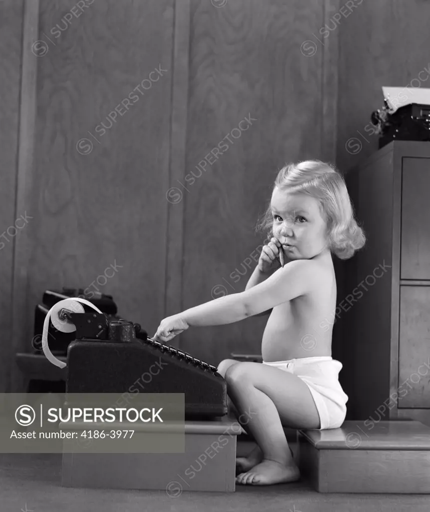 1940S Child Sitting Typing On Adding Machine Funny Facial Expression