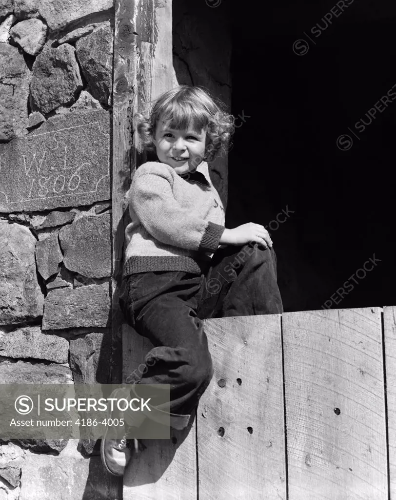 1940S 1950S Smiling Girl Wear Sweater Trousers Sitting Wooden Door Stone Farm Barn Built In 1806