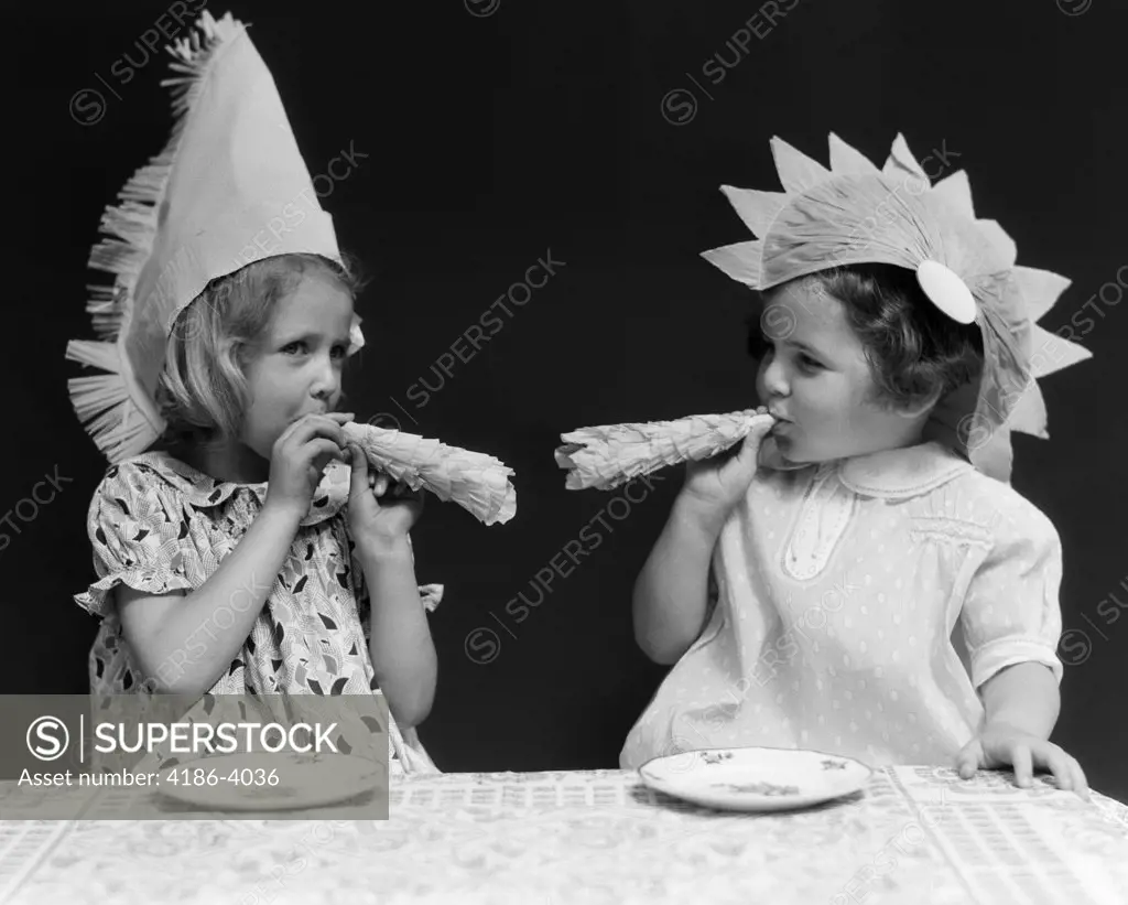 1930S 2 Little Girls With Noise Makers Party Hats