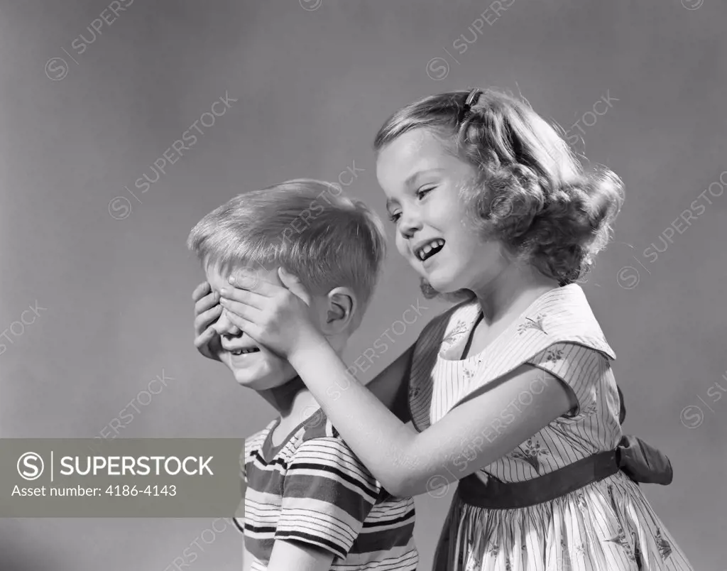 1950S Guess Who Girl Hold Hands Over Boys Eyes Blind Game Teasing Playing