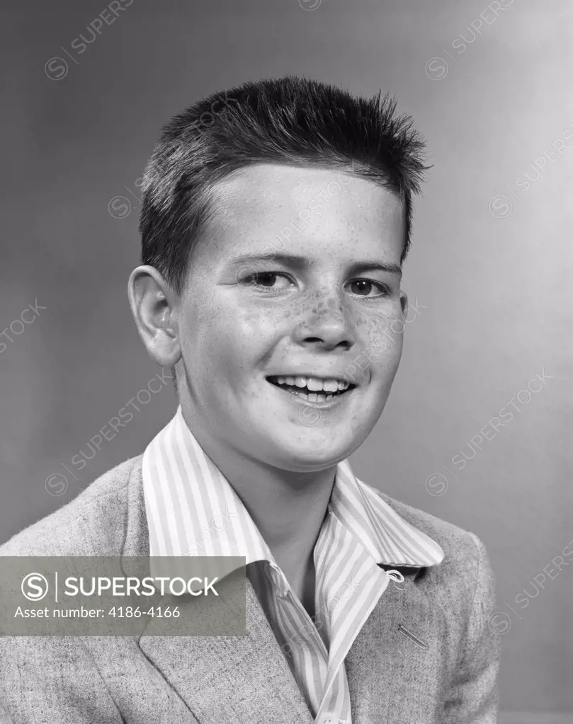 1950S 1960S Portrait Smiling Freckle Faced Boy Long Crew Cut Wearing Stripe Shirt Suit Jacket School Photo