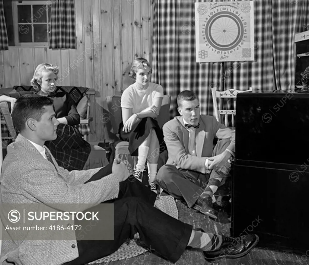 1950S Group Of Teens Boys Girls Watching Console Television Knotty Pine Rec Room