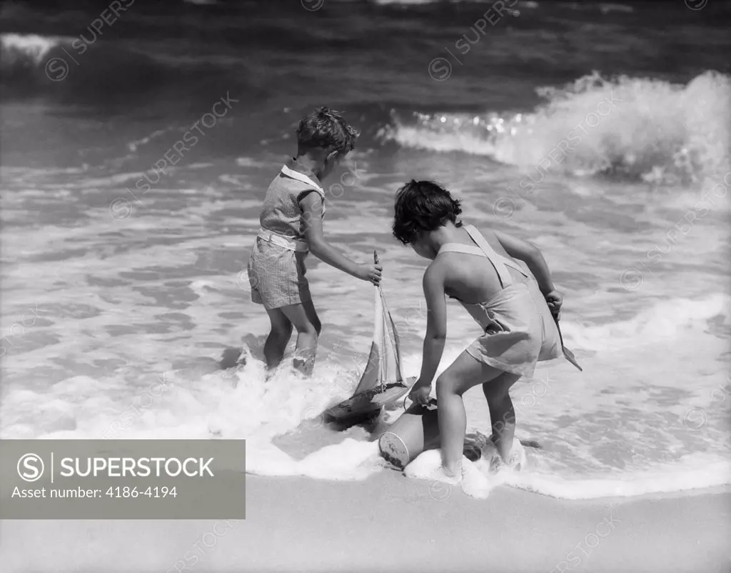 1930S Boy Girl Playing Ocean Surf Water Sailboat Shovel Pail Toys Seashore Vacation