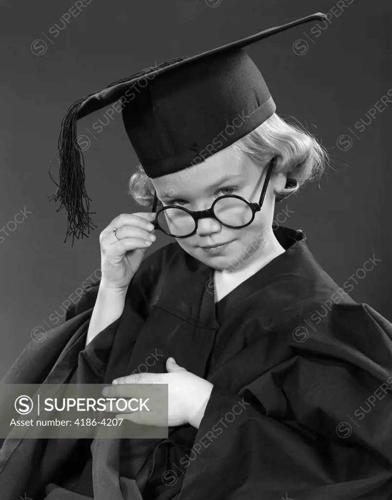 1950S Little Blond Girl Wearing Glasses Graduation Cap Gown  