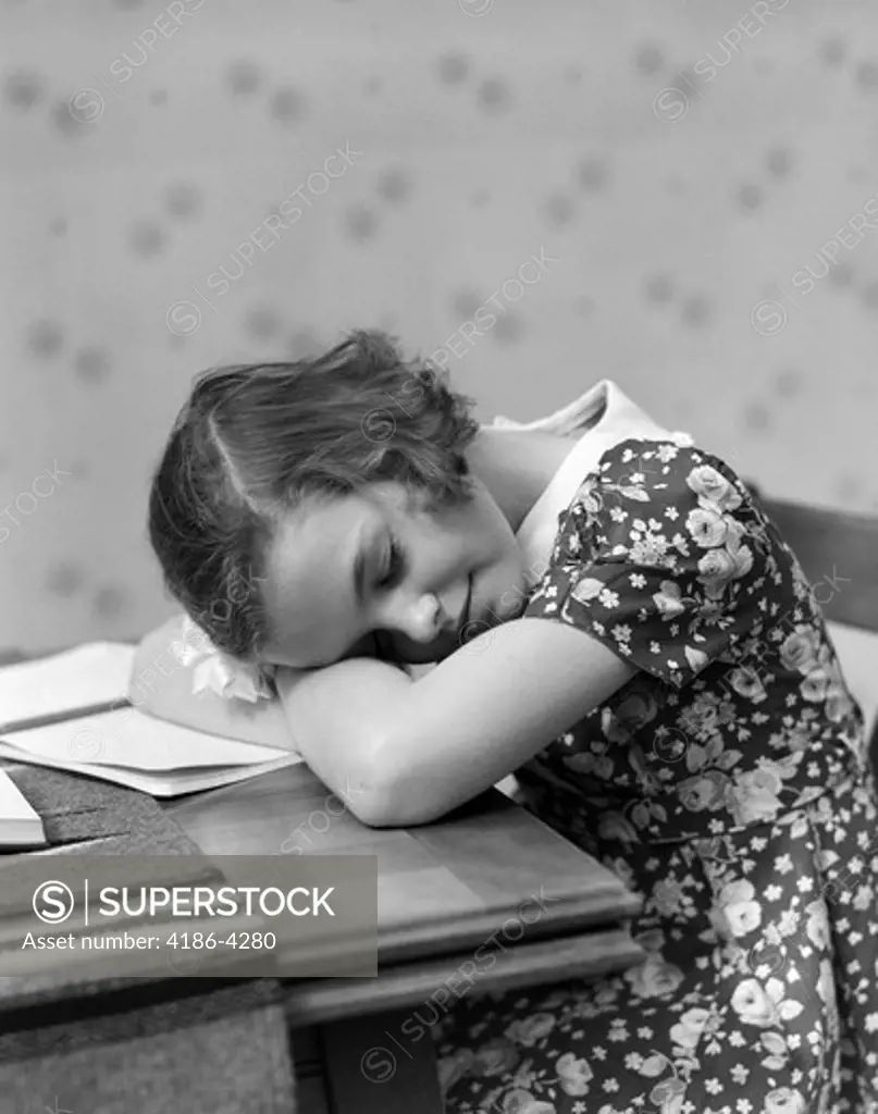 1940S Girl Sleeping Head Resting On Table Desk
