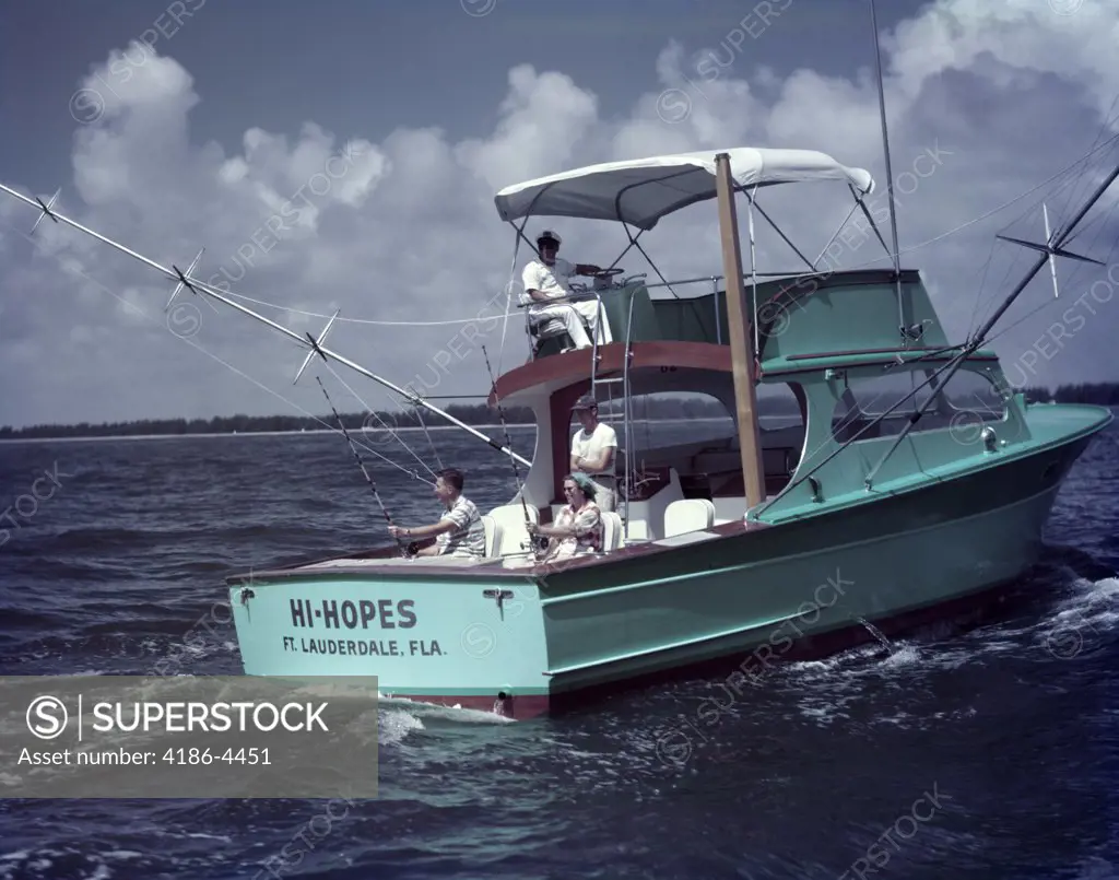 1950S Man Woman Fishing Off Back Stern Turquoise Charter Boat Two Man Crew White Bimini Hi Hopes Ft Lauderdale Fl