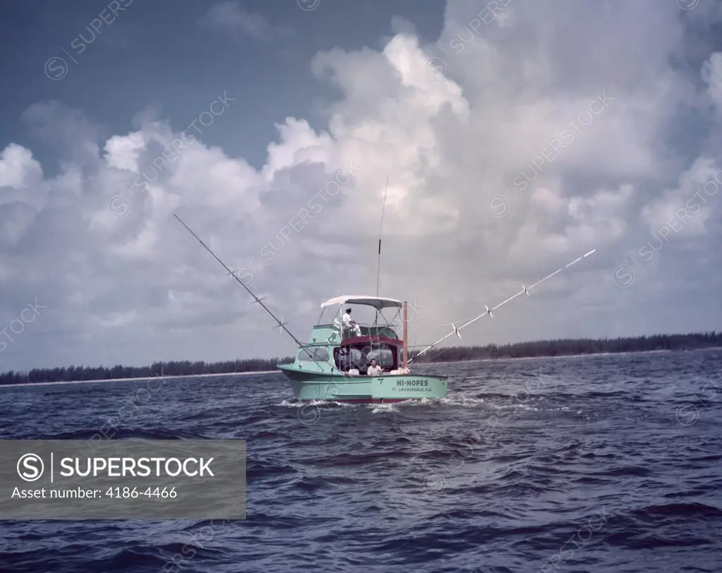 1950S Turquoise Charter Fishing Boat On Water Florida Sport Fishing Trawler