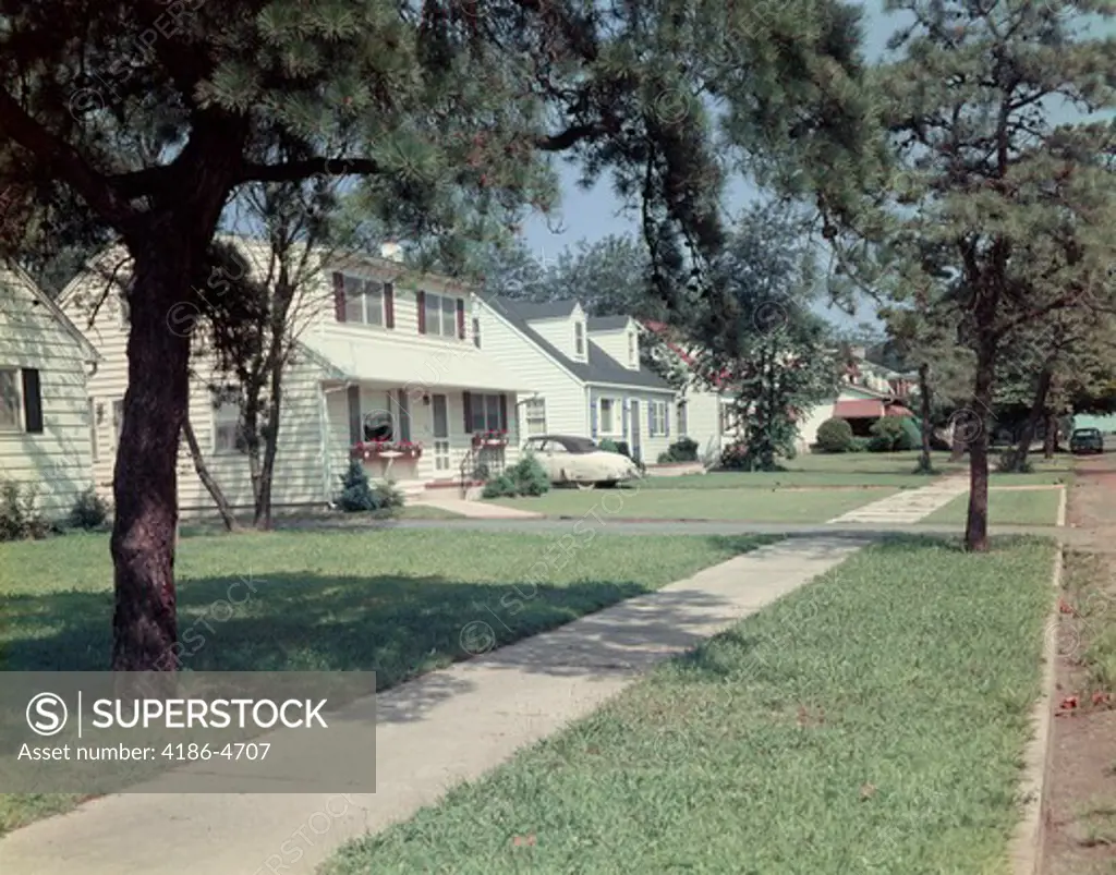 1950S Suburban Street White Houses With Sidewalk Running Down Middle Of Image Yard Green Grass Spring Lake Nj