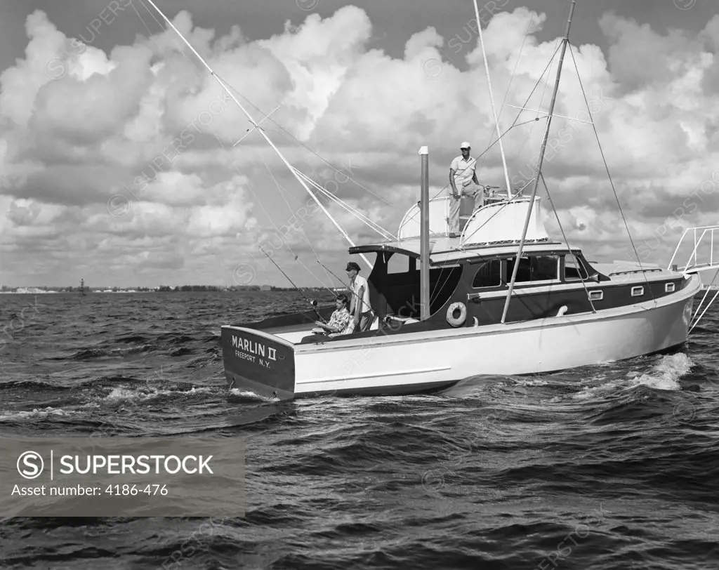 1950S Group Of 3 Men Trolling Off Of Fishing Boat In Gulf Stream